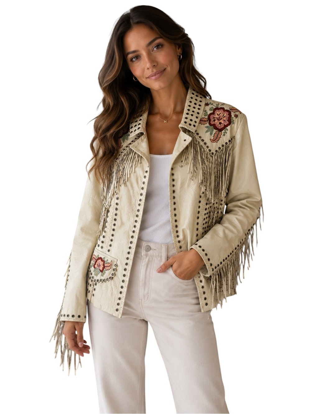 Double D Ranch Cream Fringe Studded Leather Jacket with Floral Embroidery size M